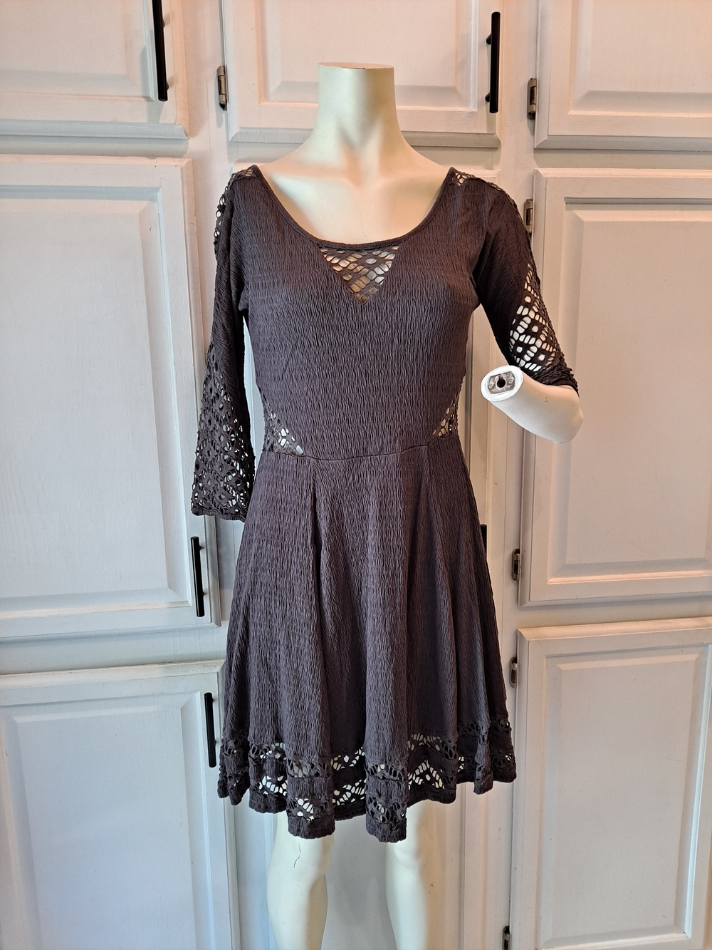 Free People Charcoal Gray Crochet-Trim Scoop Neck Mini Dress Skater Fit-n-flare